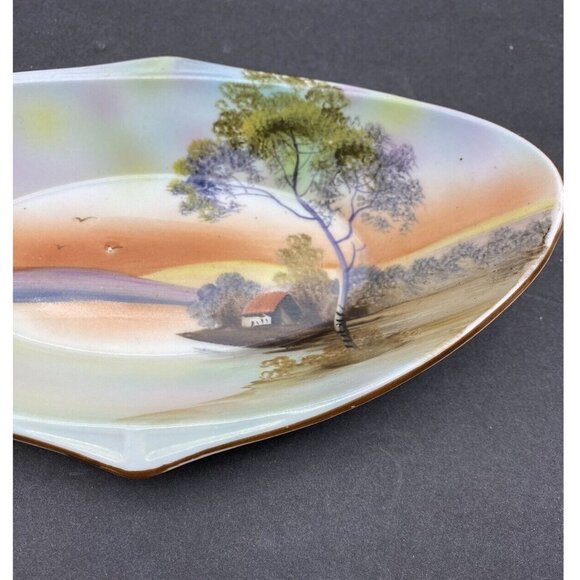 Vintage Noritake Celery Dish Hand Painted House Lake Japan Oblong Decorative - Picture 3 of 13